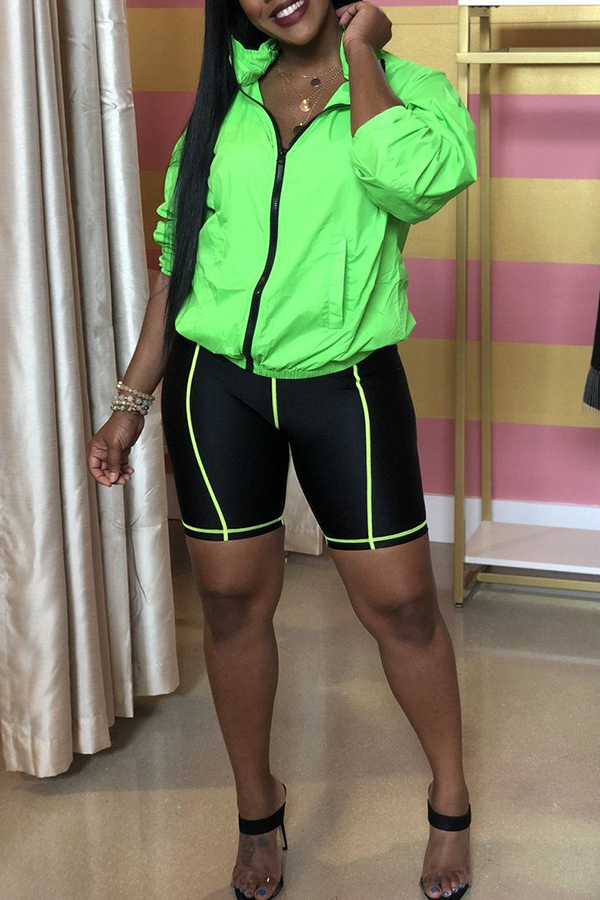 Lovely Casual Mandarin Collar Patchwork Green Two-piece Shorts Set