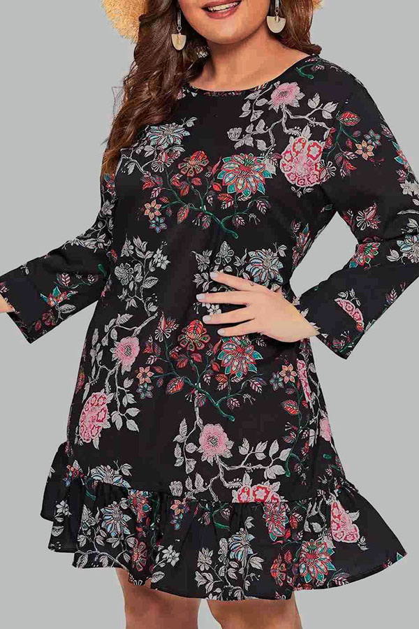 Cheap Plus Size Dress Lovely Casual O Neck Printed Black Knee Length P