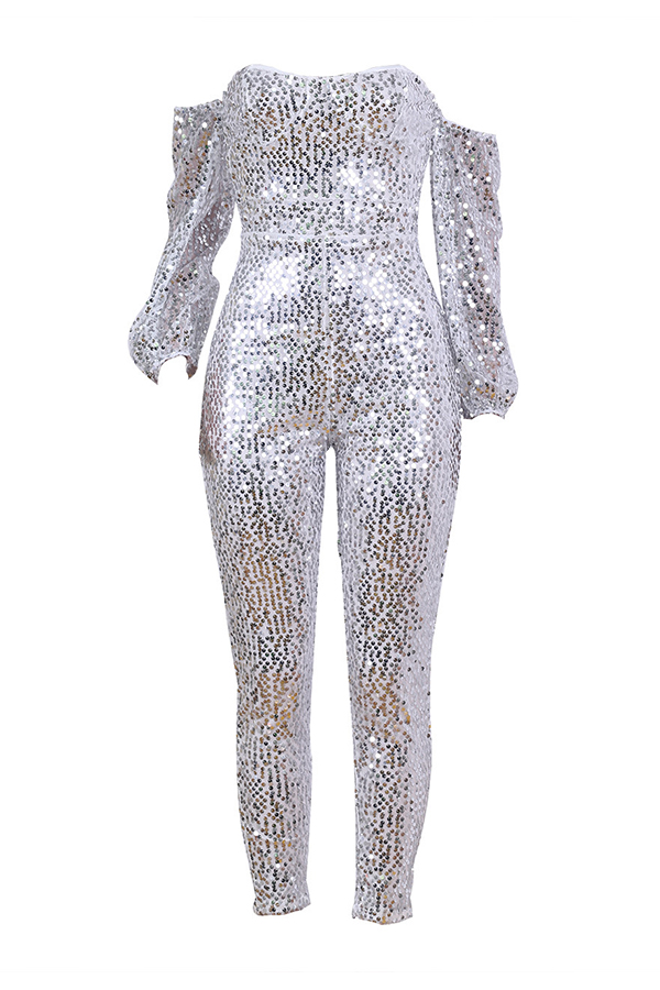Lovely Casual Dew Shoulder Sequined Silver One-piece Jumpsuit_Jumpsuit ...