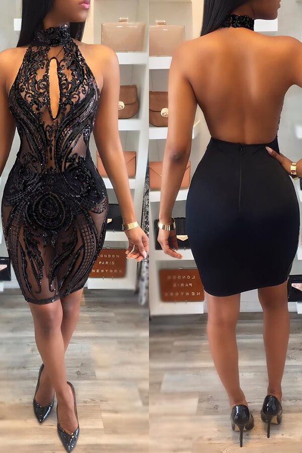 

Lovely Sexy Backless Black Knee Length Prom Dress