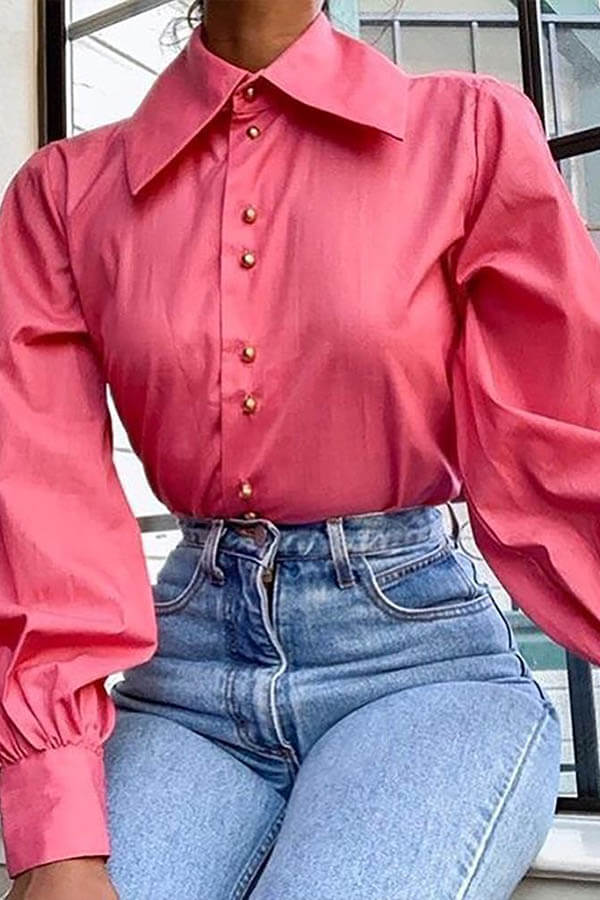 

Lovely Work Turndown Collar Pink Blouse