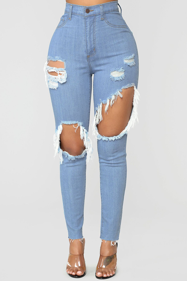 

Lovely Trendy Hollow-out Blue Jeans