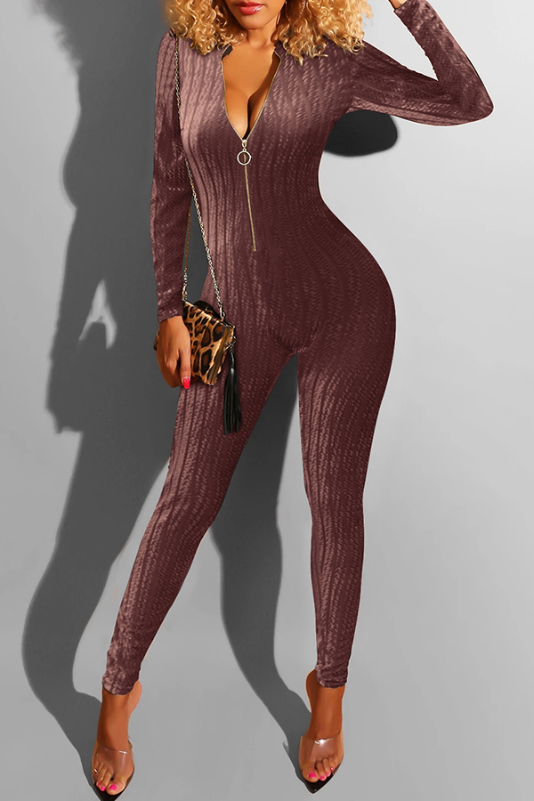 

Lovely Casual Zipper Striped Wine Red One-piece Jumpsuit