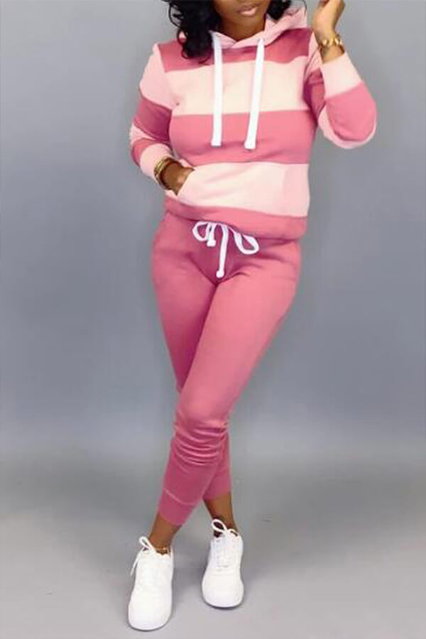 Lovely Casual Hooded Collar Patchwork Pink Two Piece Pants Set