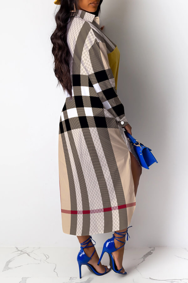 Lovely Trendy Turndown Collar Striped Printed Brown Mid Calf Dress от Lovelywholesale WW