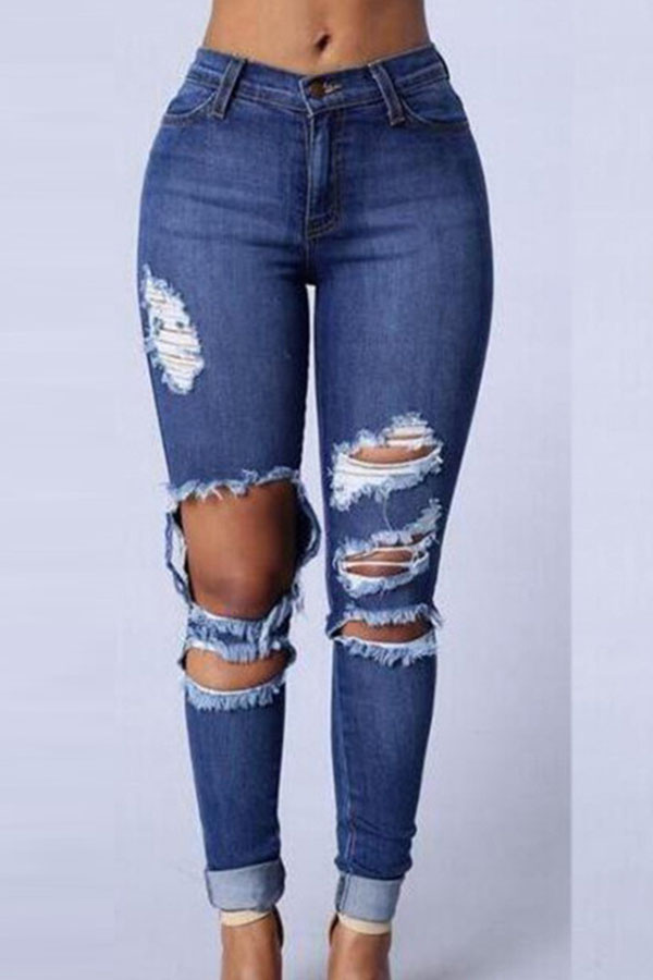 Lovely Trendy Broken Holes Blue Jeans
