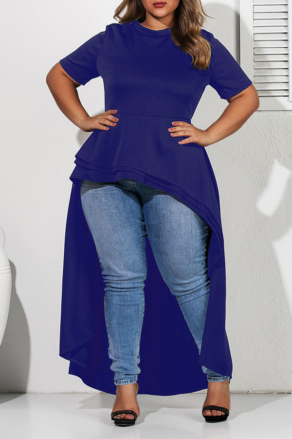 

Lovely Leisure O Neck Asymmetrical Deep Blue Plus Size Blouse