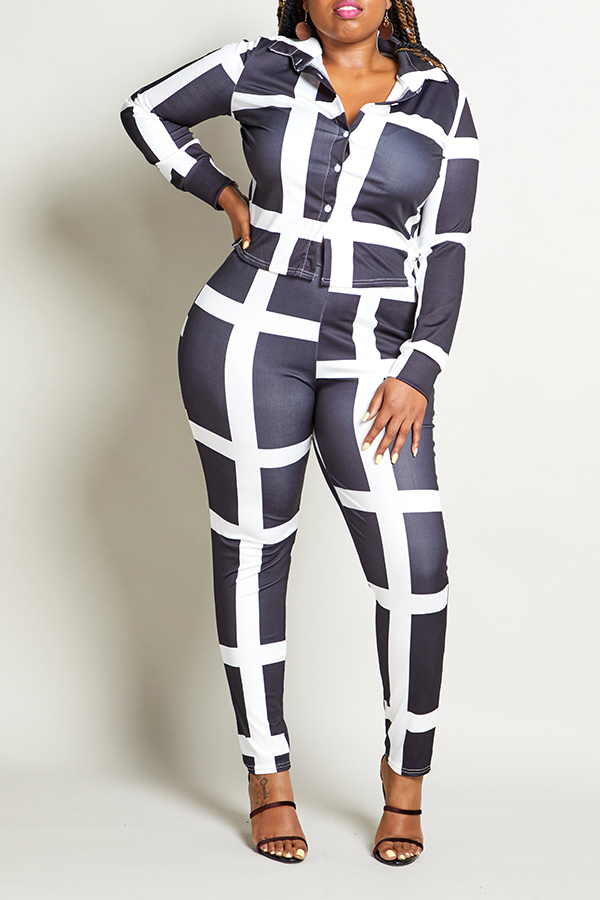 Lovely Casual Plaid Printed Black Plus Size Two-piece Pants Set