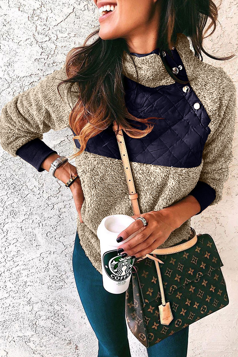 

Lovely Mandarin Collar Patchwork Coffee Hoodie