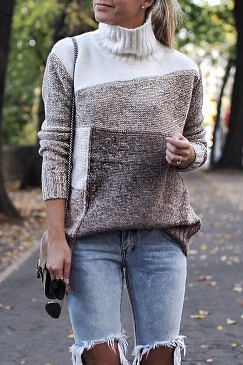 

Lovely Color-lump Patchwork Brown Sweater