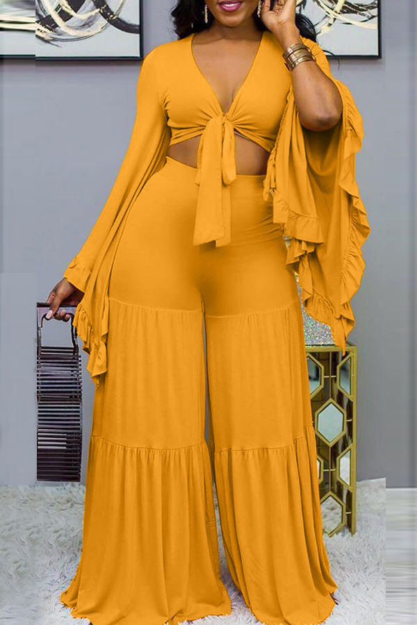 Cheap Two-piece Pants Set Lovely Trendy V Neck Loose Yellow Two-piece