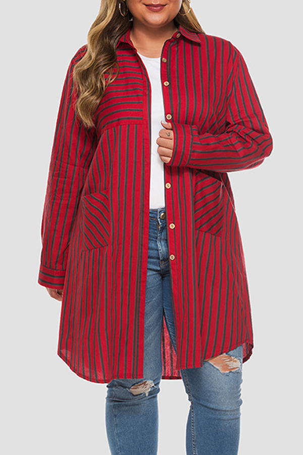 Cheap Plus Size Coat&Jacket Lovely Casual Striped Red Plus Size Coat