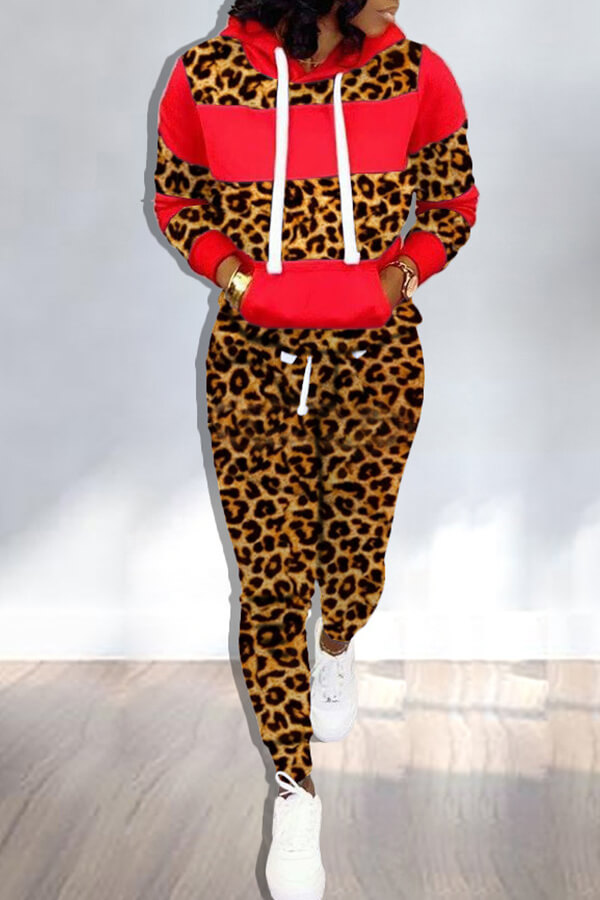 Lovely Trendy Hooded Collar Printed Red Two-piece Pants Set