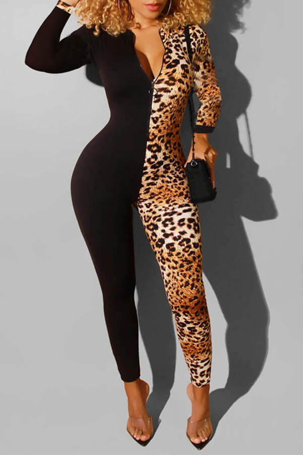 

Lovely Trendy Patchwork Leopard Printed One-piece Jumpsuit
