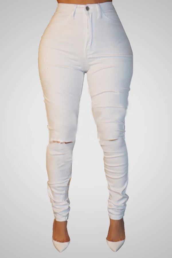 

Lovely Casual Broken Holes White Pants