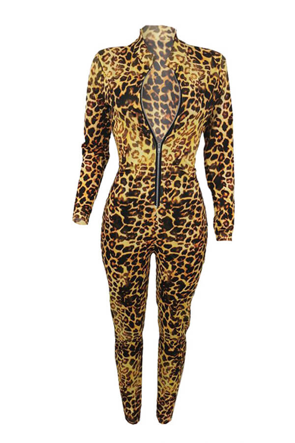 Lovely Sexy Leopard Printed Skinny Yellow One-piece Jumpsuit_Jumpsuit ...