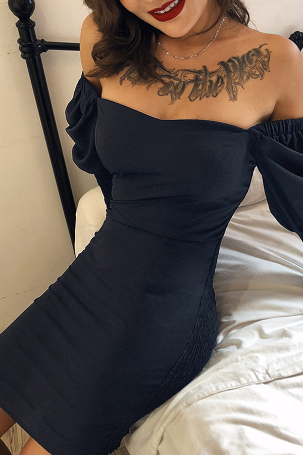 

Lovely Casual Dew Shoulder Black Mini Evening Dress