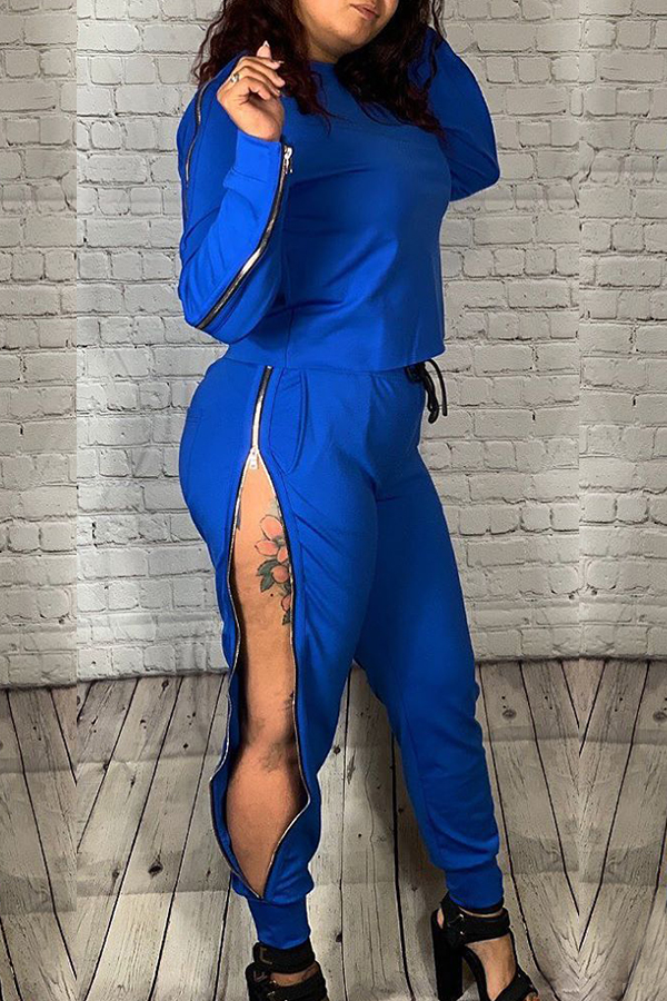 

Lovely Sexy Zipper Design Blue Two-piece Pants Set