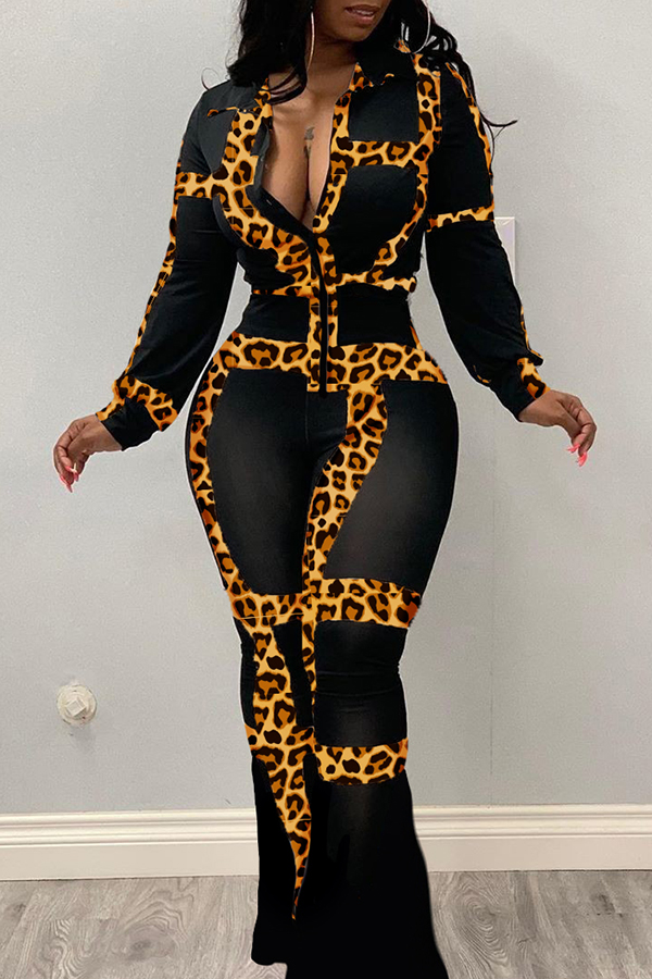 

Lovely Casual Turndown Collar Leopard Printed Two-piece Pants Set