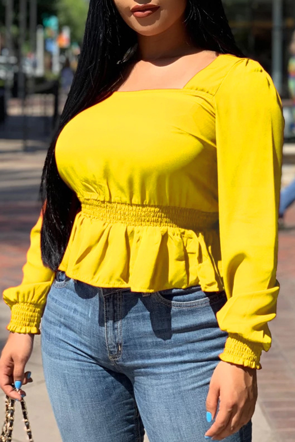 

Lovely Casual Square Collar Flounce Design Yellow Blouse