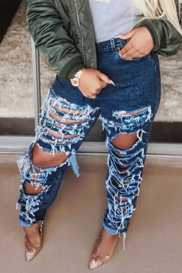 

Lovely Casual Broken Holes Deep Blue Jeans