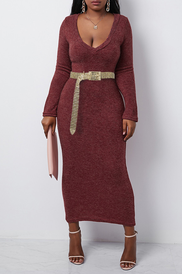 

Lovely Casual V Neck Skinny Wine Red Ankle Length Dress