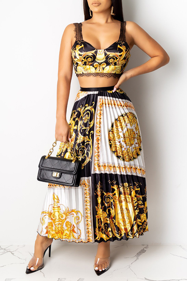 

Lovely Casual Sleeveless Ruffle Design Multicolor Two-piece Skirt Set, Multi