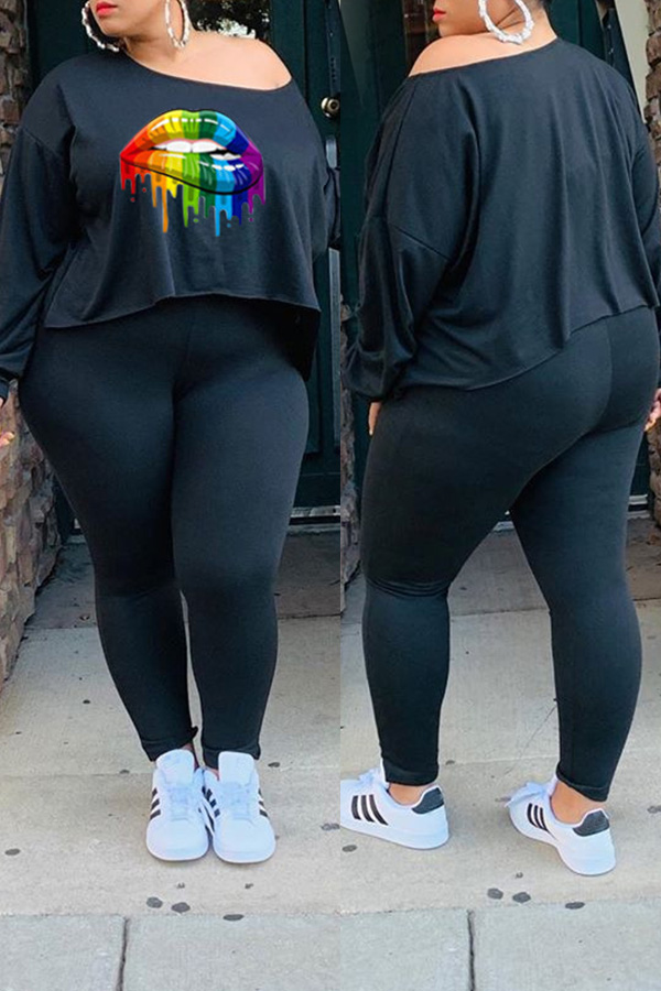 

Lovely Casual Lip Printed Black Plus Size Two-piece Pants Set