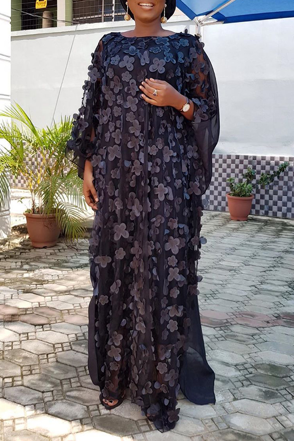 

Lovely Casual Embroidery Design Black Floor Length Plus Size Dress