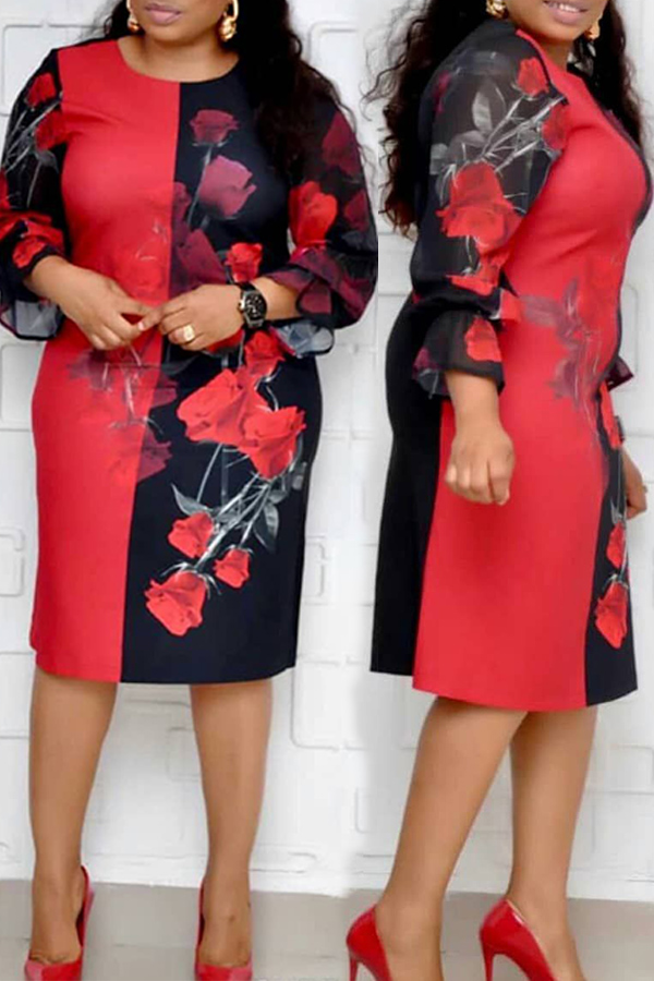 

Lovely Casual Printed Red Knee Length Plus Size Dress