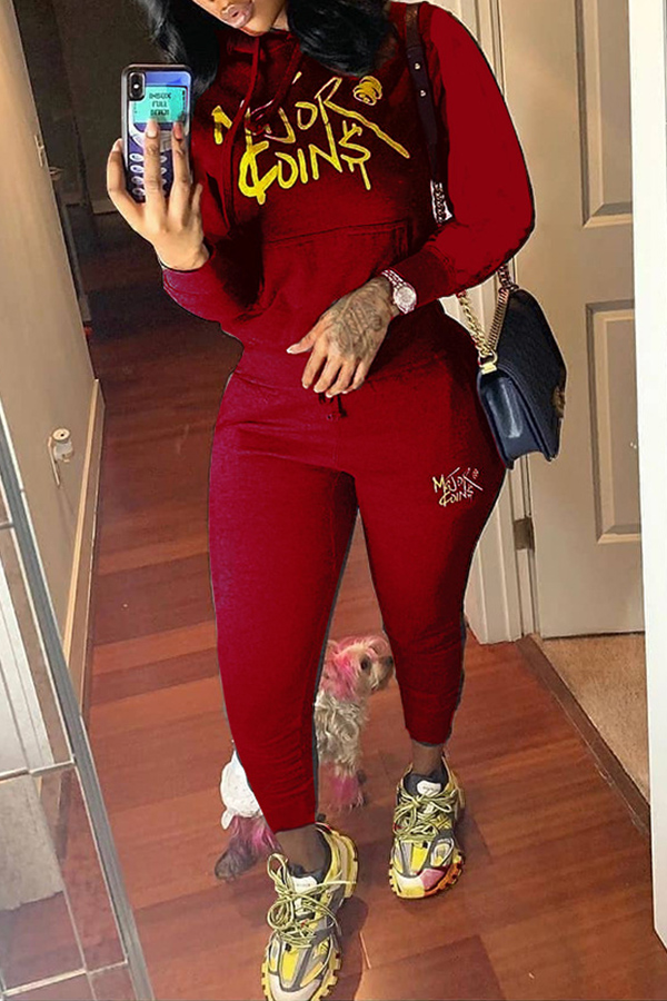 

Lovely Casual Hooded Collar Printed Purplish Red Two-piece Pants Set