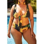 Lovely Floral Printed Black Plus Size Two-piece Sw