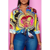 Lovely Work Turndown Collar Print Yellow Blouse