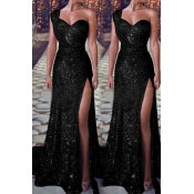 Lovely Party One Shoulder Black Floor Length Eveni