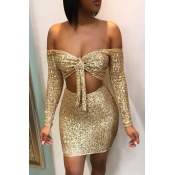 Lovely Sexy Hollow-out Gold Two-piece Skirt Set