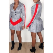 Lovely Work Plaid Printed Ruffle Design Grey Two-p