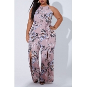 Lovely Casual Printed Dusty Pink Plus Size One-pie