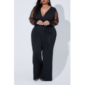 Lovely Casual V Neck Patchwork Black Plus Size One