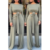Lovely Casual Knot Design Grey Two-piece Pants Set