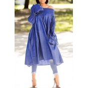 Lovely Casual Ruffle Design Blue Midi Dress
