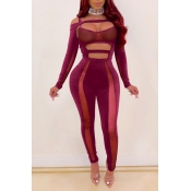 Lovely Sexy Hollow-out Wine Red One-piece Jumpsuit