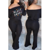 Lovely Trendy Letter Printed Black One-piece Jumps