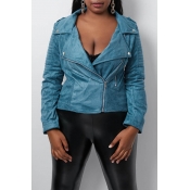 Lovely Casual Zipper Design Blue Coat