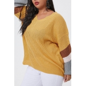 Lovely Casual Patchwork Yellow Plus Size Sweater