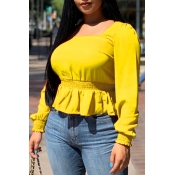 Lovely Casual Square Collar Flounce Design Yellow 