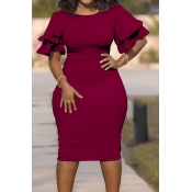 Lovely Casual O Neck Ruffle Wine Red Knee Length P