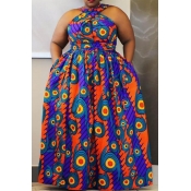 Lovely Casual Printed Blue Floor Length Plus Size 