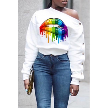 

LW Casual Asymmetrical Neckline Lip Printed White Sweatshirt Hoodie