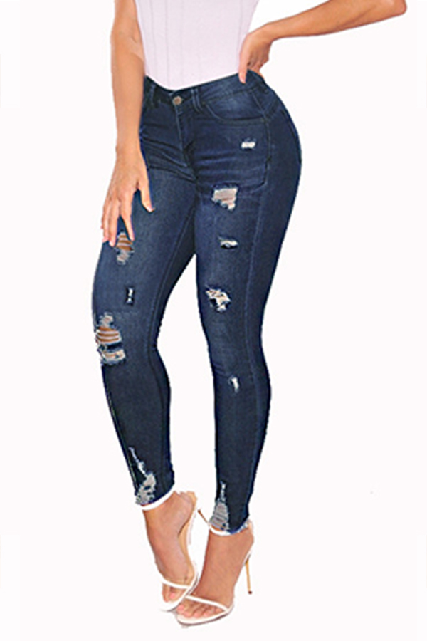 

Lovely Casual Broken Holes Skinny Deep Blue Jeans