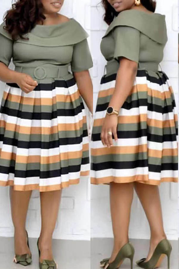 

Lovely Casual Striped Army Green Knee Length Plus Size Dress
